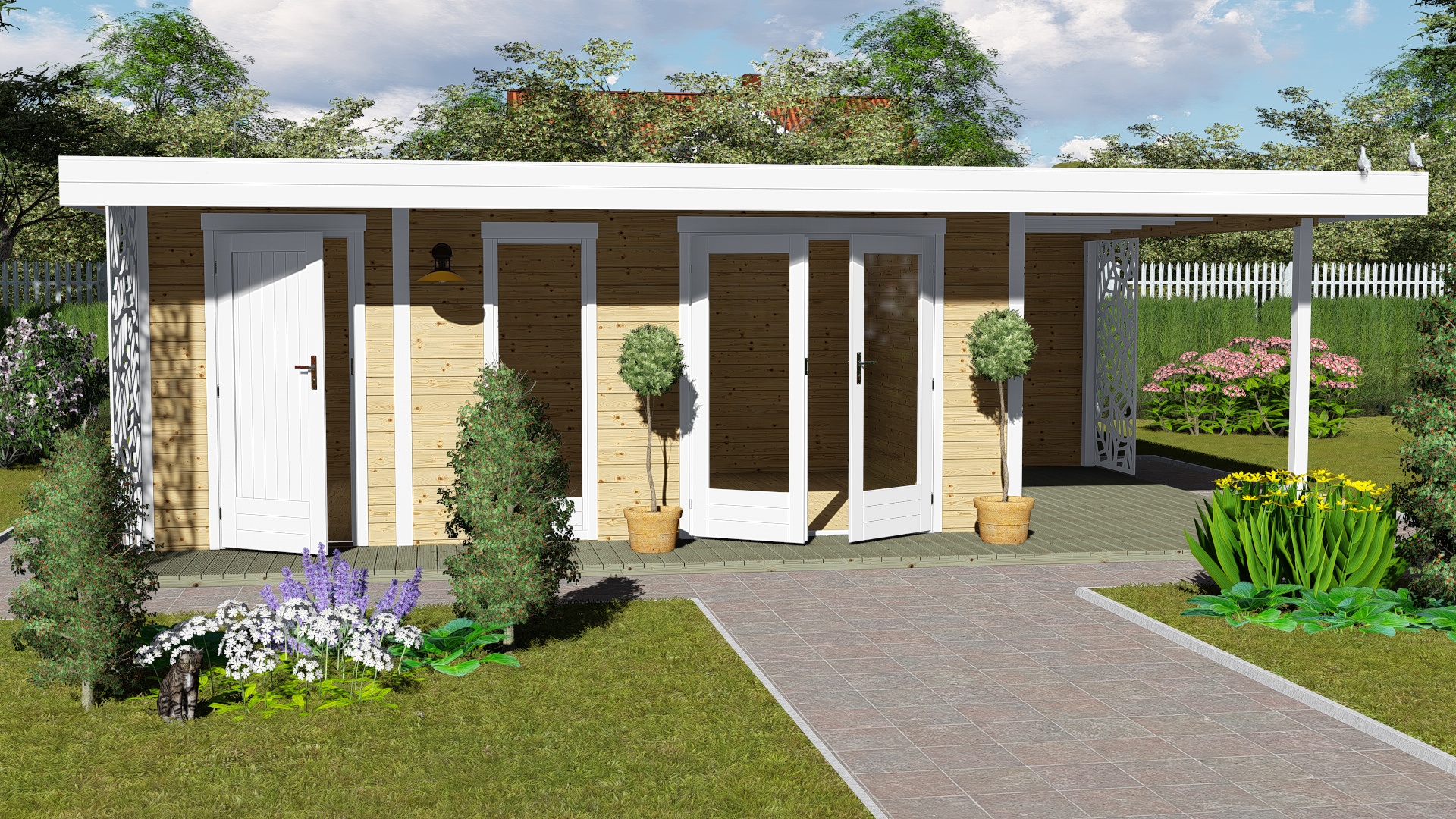 Tuinhuis met plat dak, aanbouw en terras, 28 mm NWH, Kiel 28227 Tuinhuis met plat dak, aanbouw en terras, 28 mm , Kiel 28227 - Afbeelding 1