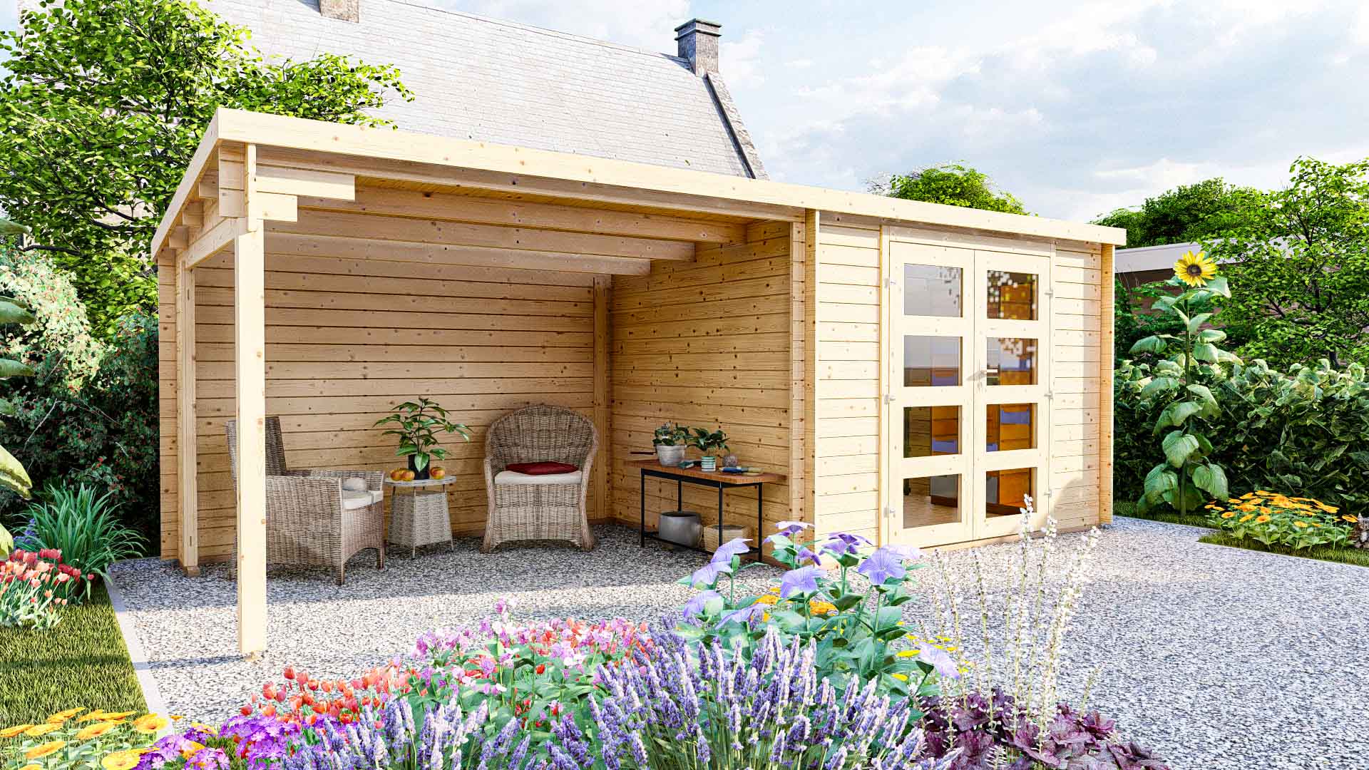 Tuinhuisje met plat dak en zijdak, 28 mm NWH-hars 28237 Tuinhuis met plat dak en zijdak 28 mm Harz 28237 - Afbeelding 1