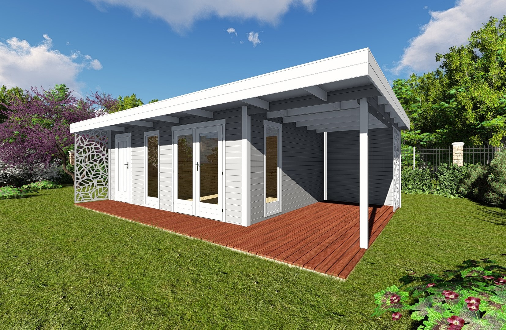 Tuinhuisontwerp met plat dak, aanbouw en terras, 40 mm NWH, Celle 40225 Tuinhuisontwerp met plat dak, aanbouw en terras, 40 mm , Celle 40225 - Afbeelding 1